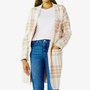Nine West Duster Cardigan Jacket Size Medium Pink Ivory Plaid V Neck Pockets NWT
